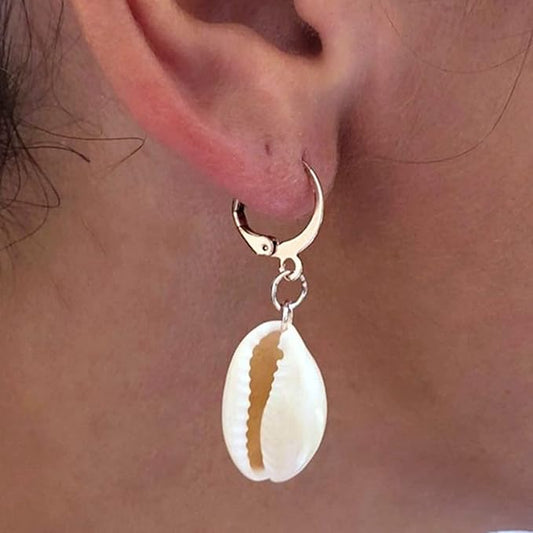 Natural Cowrie Shell Earrings Gold Boho Dangle Shell