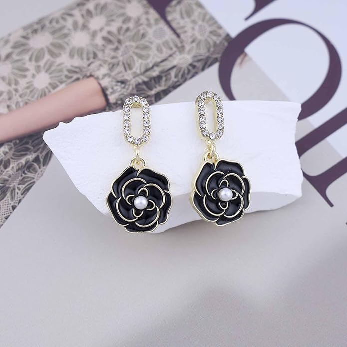 Vintage Black Crystal Flower Drop Earrings