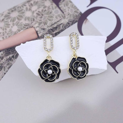 Vintage Black Crystal Flower Drop Earrings