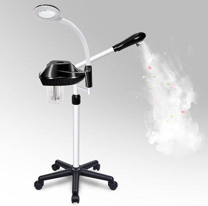 Professional Facial Steamer, 2 in 1 Facial Steamer on Wheels with 5X Magnifying Lamp, Ozone Facial Steamers Adjustable Height, Steamer for Facial for Salon, Spa and at Home Use
