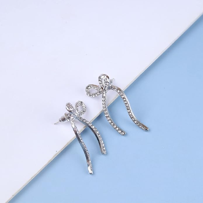 Vintage Crystal Bow Earrings Rhinestone Bow Drop Earrings