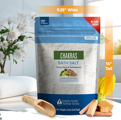 Chakras Bath Salt 128 Ounces (8 Lbs) Epsom Salt with Natural Ylang Ylang and Sandalwood Essential Oils Plus Vitamin C in BPA Free Pouch with Easy Press Lock Seal Made in USA