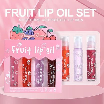 4 Pcs Fruit Roll-on Lip Gloss Set, Clear Lip Gloss Crystal Jelly Liquid Lipstick, Plumping Lip Oil Moisturizing Hydrating Non-Sticky, Nice Gift for Women Girl