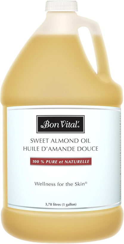 Bon Vital' Sweet Almond Oil Skin & Hair Moisturizer & Gentle Massage Oil, Carrier Oil for Diffusers, Improve Hair Texture and Hydrate Skin, 100% Pure Massage Therapy Oil, 1 Gallon