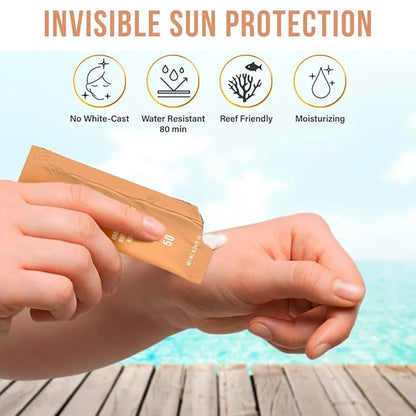 SunsinglesTravel Size Sunscreen, Waterproof/Sweat Proof SPF 50 Protection Fragrance-Free Lotion, PABA-Free Mini Sunscreen For Face, Reef Safe Sunscreen, Single Use Packets 0.34 Fl Oz