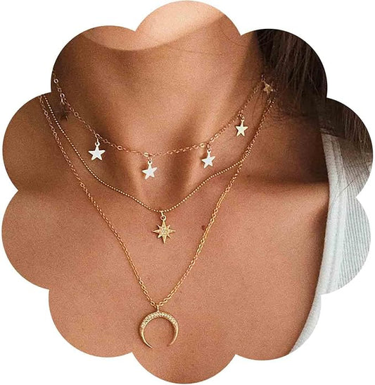 Boho layered moon star choker necklace