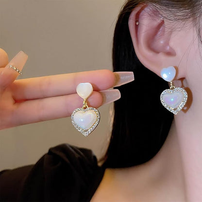 Vintage Rhinestone Heart Drop Earrings Opal