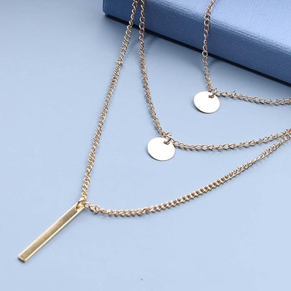 Boho Layered Coin Bar Necklace Gold