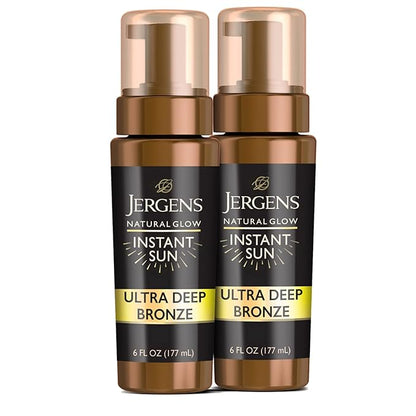 Jergens Self Tanner, Natural Glow Instant Sun, Sunless Tanning Mousse, Quick Self Tanner Foam, Ultra Deep Brozne, 6 Oz, Pack of 2