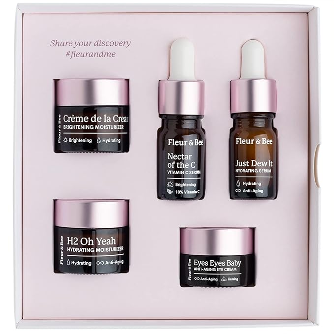 Fleur & Bee Skincare Set, Discovery Set, 5 Deluxe Minis Moisturizers, Serums, Eye Cream | Skin Care Gift Set Vegan & Cruelty-Free | Travel Friendly