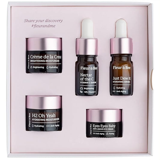 Fleur & Bee Skincare Set, Discovery Set, 5 Deluxe Minis Moisturizers, Serums, Eye Cream | Skin Care Gift Set Vegan & Cruelty-Free | Travel Friendly