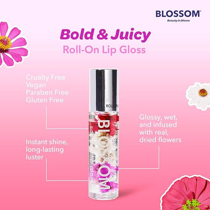 Blossom Scented Roll on Lip Gloss, Infused with Real Flowers, Made in USA, 0.4 fl. oz./11.8ml, 2 pack Gift Set, Strawberry/Raspberry