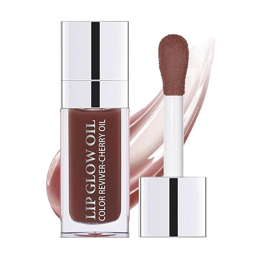 Lip Oil, Hydrating Lip Gloss Tinted Lip Balm Transparent Lip Care, Big Brush Head Glitter Shine, Long Lasting Nourishing Non-sticky Fresh Texture, Chocolate Brown