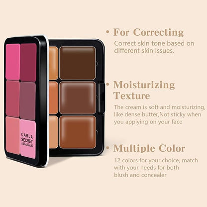 Cream Blush & Concealer Palette, 12 Colors, Long