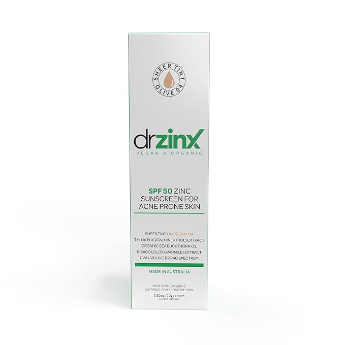 Dr ZinX Organic Mineral Sunscreen for Acne Prone Skin SPF50, OLIVE Tint, Zinc + Hinokitiol (Cedar Oil)