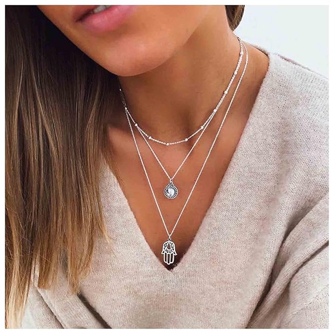 Boho Layered Opal Moonstone Necklace Silver
