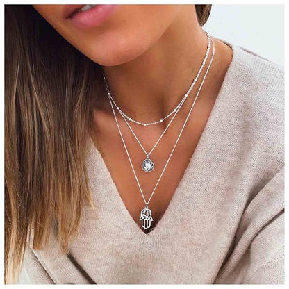 Boho Layered Opal Moonstone Necklace Silver