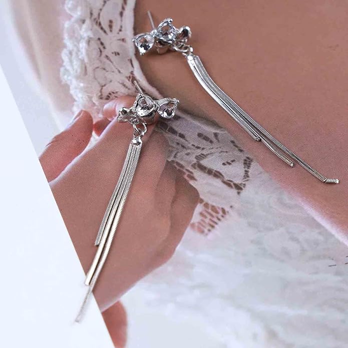 Vintage Crystal Bow Chain Drop Earrings Rhinestone Heart