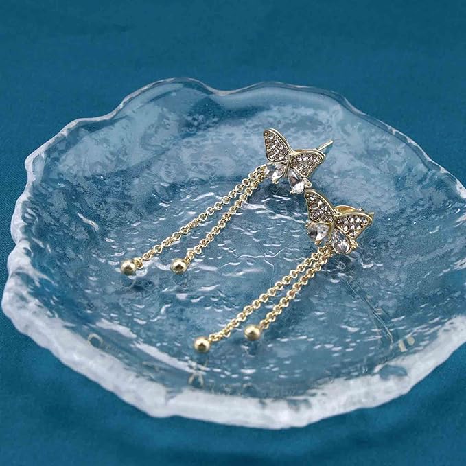 Vintage Crystal Butterfly Stud Earrings Gold Long Chain