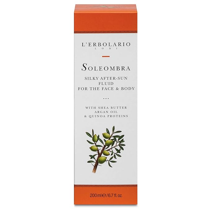L'Erbolario Soleombra Silky After-Sun Fluid - After Sun Serum - Hydrating Sunburn Relief - Shea Butter, Argan Oil, and Quinoa Proteins - 6.7 oz