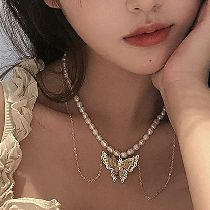 Bohemian Layered Necklace with Butterfly Pendant
