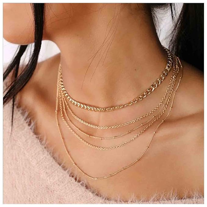 Punk Layered Curb Chain Necklace Gold Satellite Chain