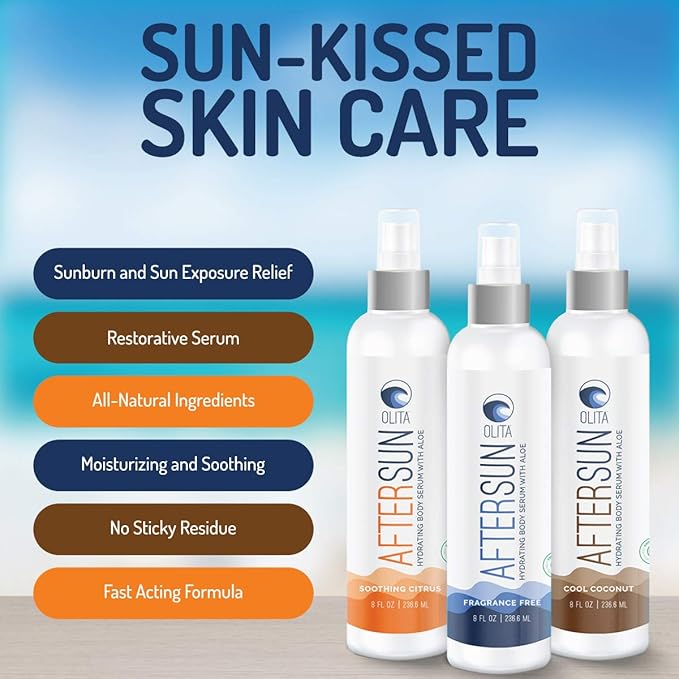 Olita AfterSun Body Serum - Fragrance Free - 8 oz - Hydrating Body Oil with Aloe Vera - All-Natural with Vitamin E - Cooling Sunburn Relief
