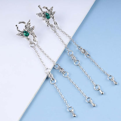 Vintage Emerald Butterfly Earrings Silver Chain Tassel Drop