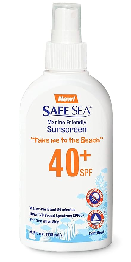 Safe Sea Jellyfish Sting-Blocking Sunscreen, SPF 40+ Spray 4 Fl oz, Waterproof, Biodegradable, Coral Reef-Safe – Body and Face Sunscreen, Anti-Jellyfish and Sea-Lice sting protection.