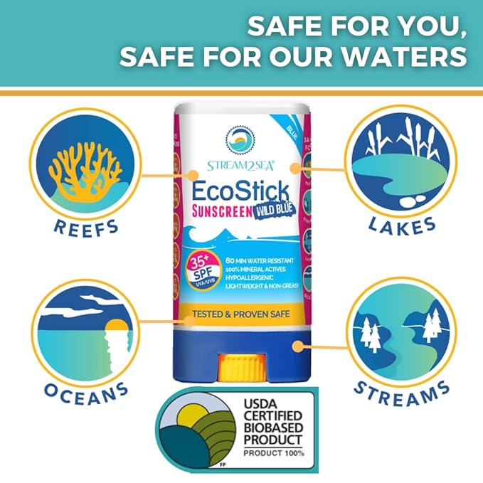 STREAM2SEA EcoStick SPF 35 Mineral Sunscreen Stick, Sweat Water Resistant Sunblock, USDA Approved Biodegradable Paraben Free Reef Safe Sunscreen Protection Against UVA UVB (EcoStick WildBlue) - 0.5 oz