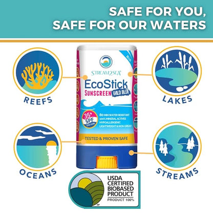 STREAM2SEA EcoStick SPF 35 Mineral Sunscreen Stick, Sweat Water Resistant Sunblock, USDA Approved Biodegradable Paraben Free Reef Safe Sunscreen Protection Against UVA UVB (EcoStick WildBlue) - 0.5 oz
