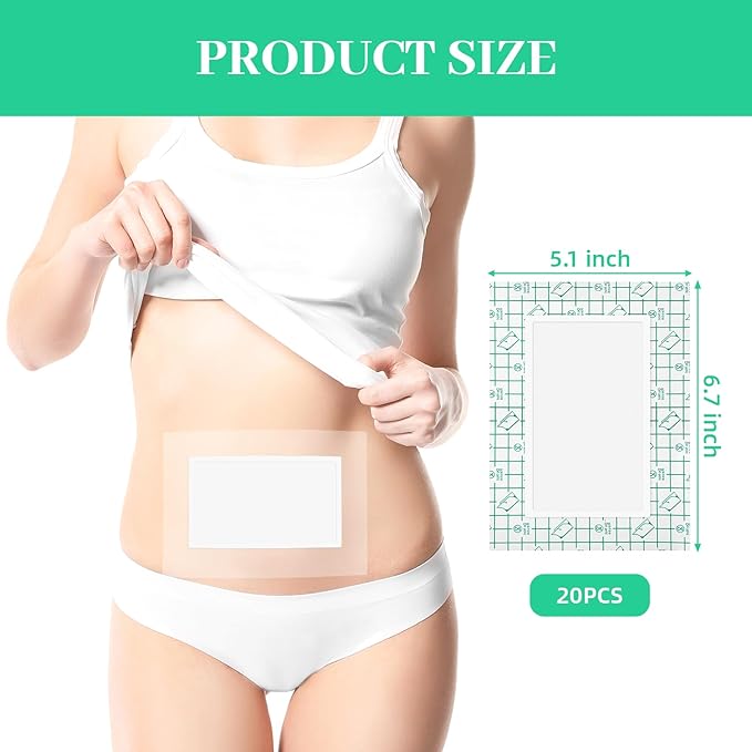 20 Pcs Disposable Clear Castor Oil Patches, Pu Film Waterproof Castor Oil Belly Button Patch, 6.7 x5.1'' Organic Cotton Pads Self-Adhesive, Hypoallergenic, Suitable for Navel, Abdomen, (Oil-Free)