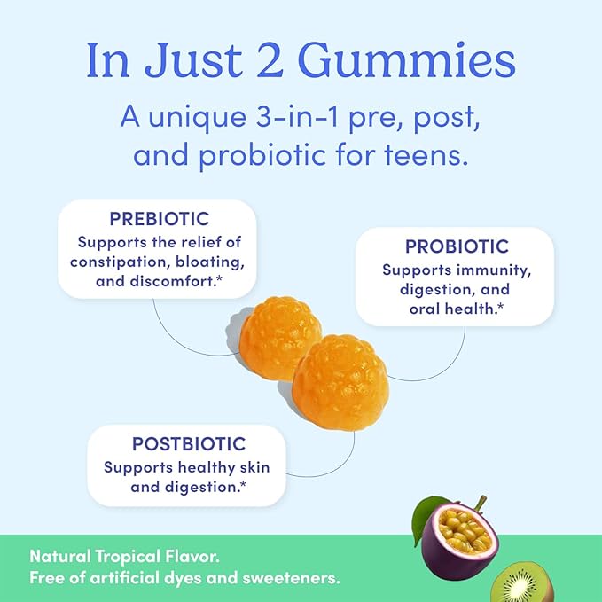 FIRST DAY Teens’ Gut Sustainer Tribiotic Gummies – 3-in-1 Prebiotic, Probiotic & Postbiotic Supplement – Supports Digestive, Skin, Oral & Immune Health, Nutrient Absorption & Growth – 30-Day Supply