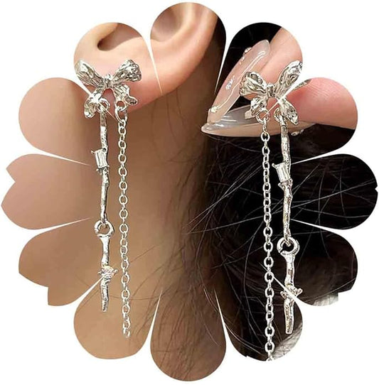 Vintage Bow Crystal Drop Earrings Silver