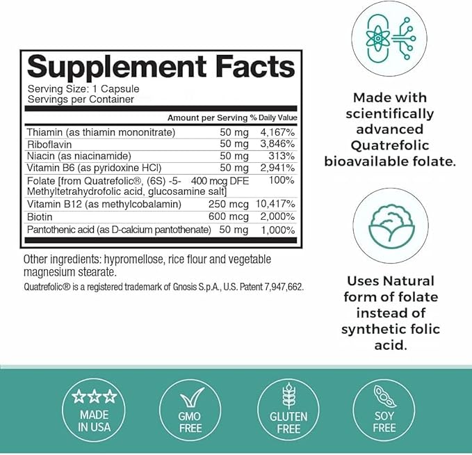 Omax3 2 Bottles - Advanced Vitamin B Complex 50MG with Biotin | Strong & Shiny Hair, Skin Nails, Support Stress, Immunity, Energy Metabolism, 90 Capsules/per Bottle