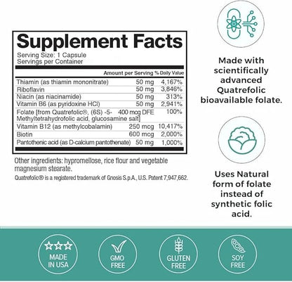 Omax3 2 Bottles - Advanced Vitamin B Complex 50MG with Biotin | Strong & Shiny Hair, Skin Nails, Support Stress, Immunity, Energy Metabolism, 90 Capsules/per Bottle