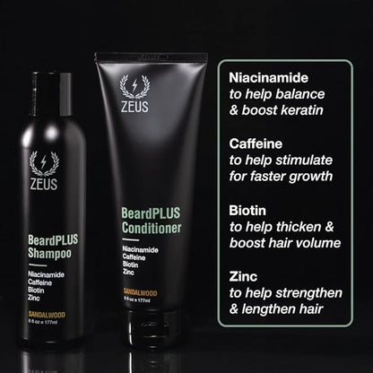 ZEUS BeardPlus Shampoo & Conditioner Beard Wash Set, Premium Beard Wash for Enhanced Growth, Thicker & Stronger Facial Hair with Biotin & Caffeine (Made in USA)