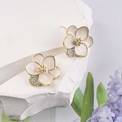 Vintage Enamel Flower Stud Earrings Camellia