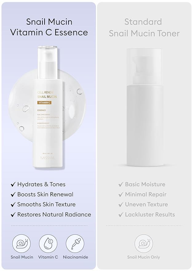 MISSHA Cell Renew Snail Mucin Vitamin C Essence Serum 3.38 Fl oz - Hydrating Korean Skincare for Glass Skin, Snail Mucin Serum for Improved Skin Texture & Complexion, Mother's Day gifts