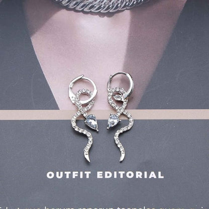 Gothic Crystal Snake Drop Earrings Silver