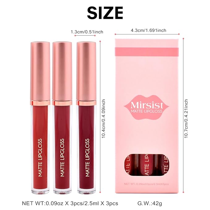 Matte Lip Gloss for Women,3 PCS Matte Liquid Gloss