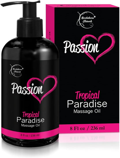 Passion Sensual Massage Oil for Date Night | 100% Natural Body Oil for Couples with Jojoba & Almond | Aromatherapy & Relaxing Massage Therapy | Perfect Glide & Smooth Skin | Tropical Paradise Scent