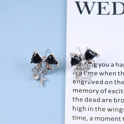 Vintage Crystal Bow Earrings Black Onyx Stud Earrings