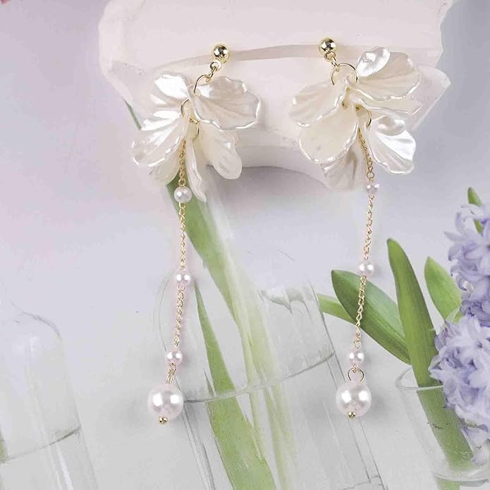 Vintage Pearl Flower Drop Earrings Long