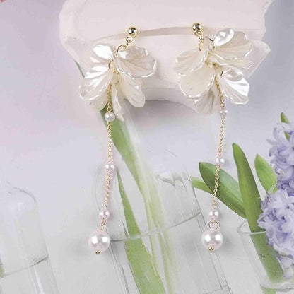 Vintage Pearl Flower Drop Earrings Long