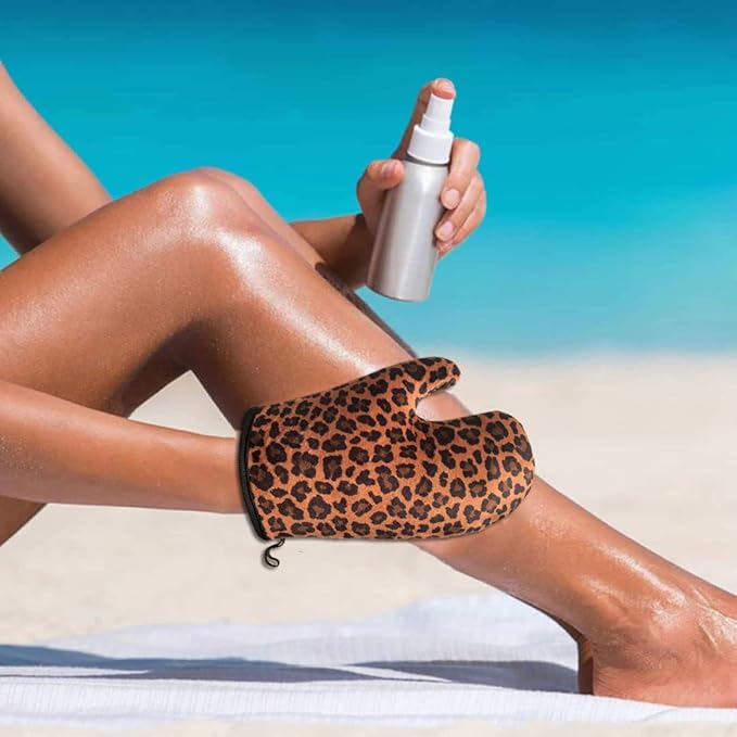 Self Tanning Mitt Applicator- GRINEER 3 Pieces Self Tanning Mitt Applicator Kit, Includes Tanning Mitt, Mini Face Mitt, Back Lotion Applicator (Leopard)