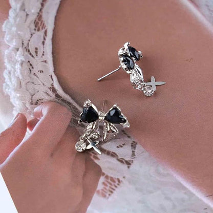 Vintage Crystal Bow Earrings Black Onyx Stud Earrings