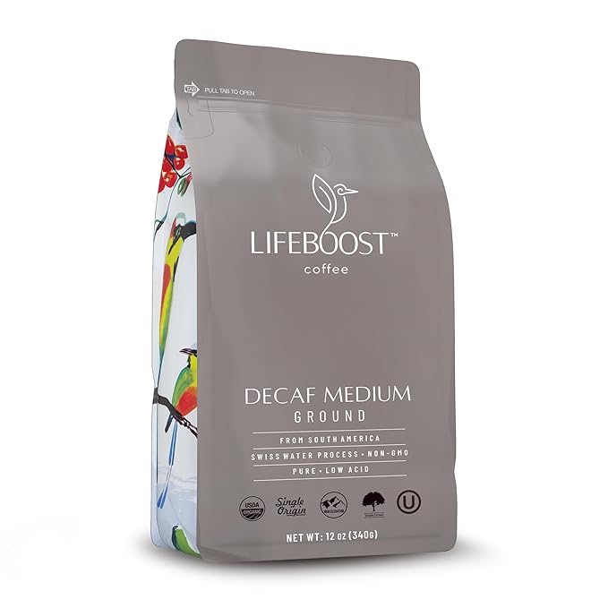 Lifeboost Medium Roast Swiss Water Decaf Coffee Ground - Non-GMO Low Acid Single Origin USDA Decaf Organic Coffee - Third Party Tested For Mycotoxins & Pesticides - 12 Ounces