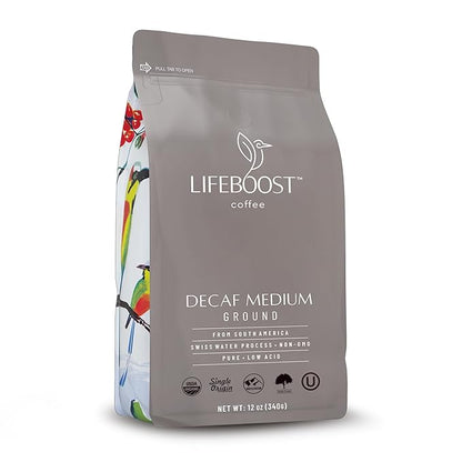 Lifeboost Medium Roast Swiss Water Decaf Coffee Ground - Non-GMO Low Acid Single Origin USDA Decaf Organic Coffee - Third Party Tested For Mycotoxins & Pesticides - 12 Ounces