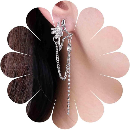 Vintage Crystal Northstar+Chain Drop Earrings Silver